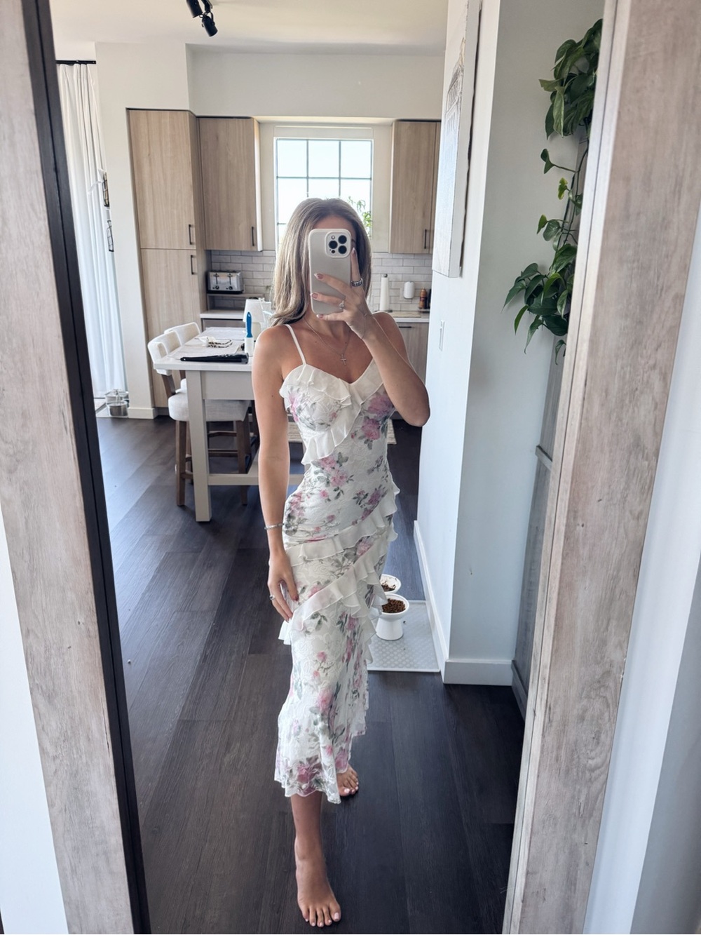 Cider White Floral Ruffle Midi Slip Dress (Size XS)